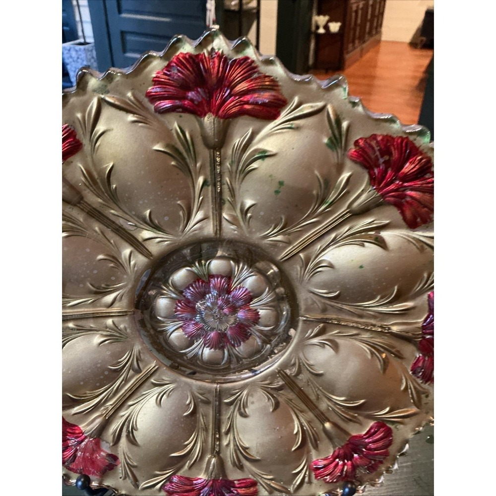 10.5" Antique Goofus Glass Sawtooth Edge Plate Red Gold Roses - Picture 3 of 14